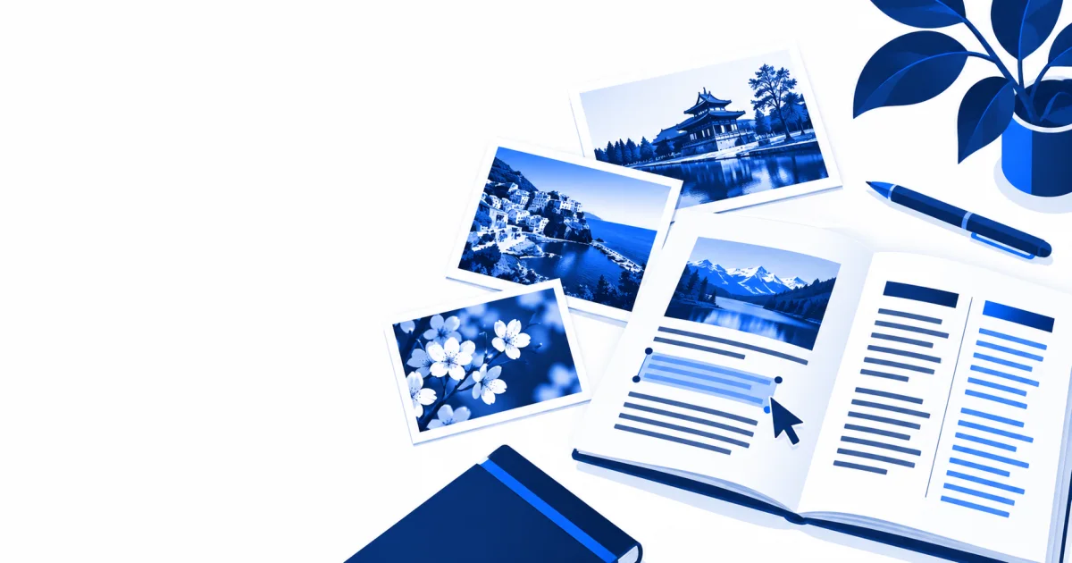An editorial desk with travel photos and bilingual document notes